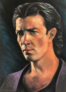"Antonio Banderas" portrait - Soft pastel on black Canson paper - A2 format - 2022 - M. Wandawi