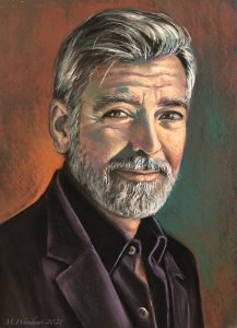 "George Clooney" portrait - Soft pastel on black Canson paper - A2 format - 2022 - M. Wandawi