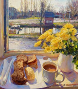 Window-with-yellow-flowers-breakfast
