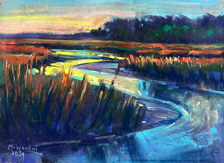 Marshes area landscape | Soft pastel op a black canson paper | A4 size | 2024 | M. Wandawi