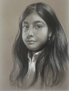 Persian young girl | Graphite + white crayon on grey paper | A3 size | 2024 | M. Wandawi