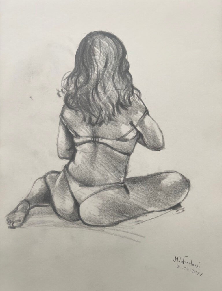 Group Life Drawing -1 — Female Model · 10–20 min · A3 · Graphite on Paper · 2022 · M. Wandawi