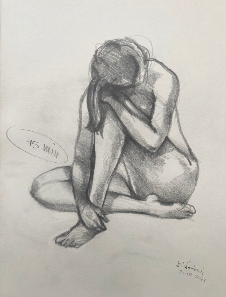 Group Life Drawing -3 — Female Model · 10–20 min · A3 · Graphite on Paper · 2022 · M. Wandawi