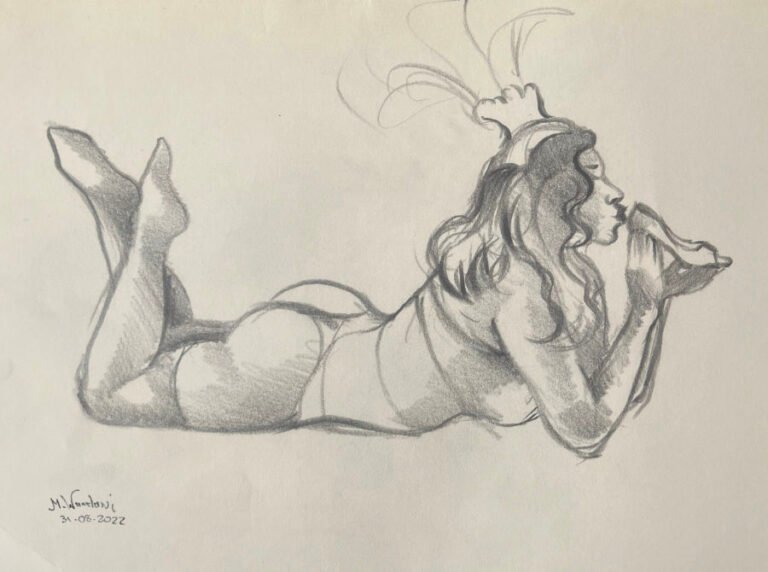 Group Life Drawing -4 — Female Model · 10–20 min · A3 · Graphite on Paper · 2022 · M. Wandawi