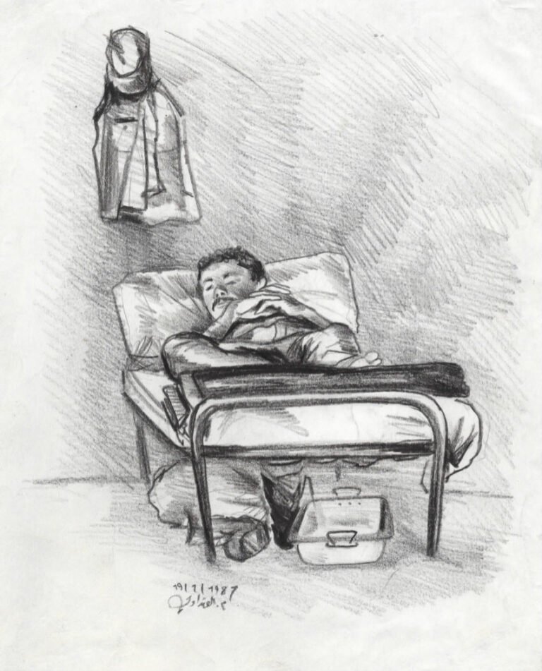 Nawzad Taking a nap - Fayda-military camp - - graphit on psper - 1987 - M. Wandawi